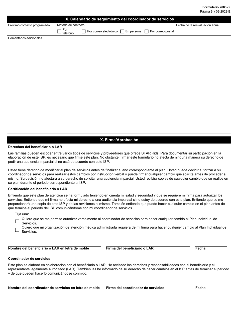 Formulario 2603-S Explicacion Del Plan Individual De Servicios (Isp) De Star Kids - Texas (Spanish), Page 9