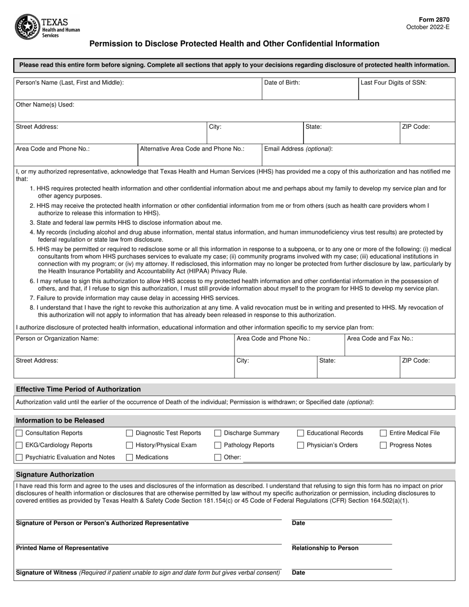 Form 2870 Permission to Disclose Protected Health and Other Confidential Information - Texas, Page 1