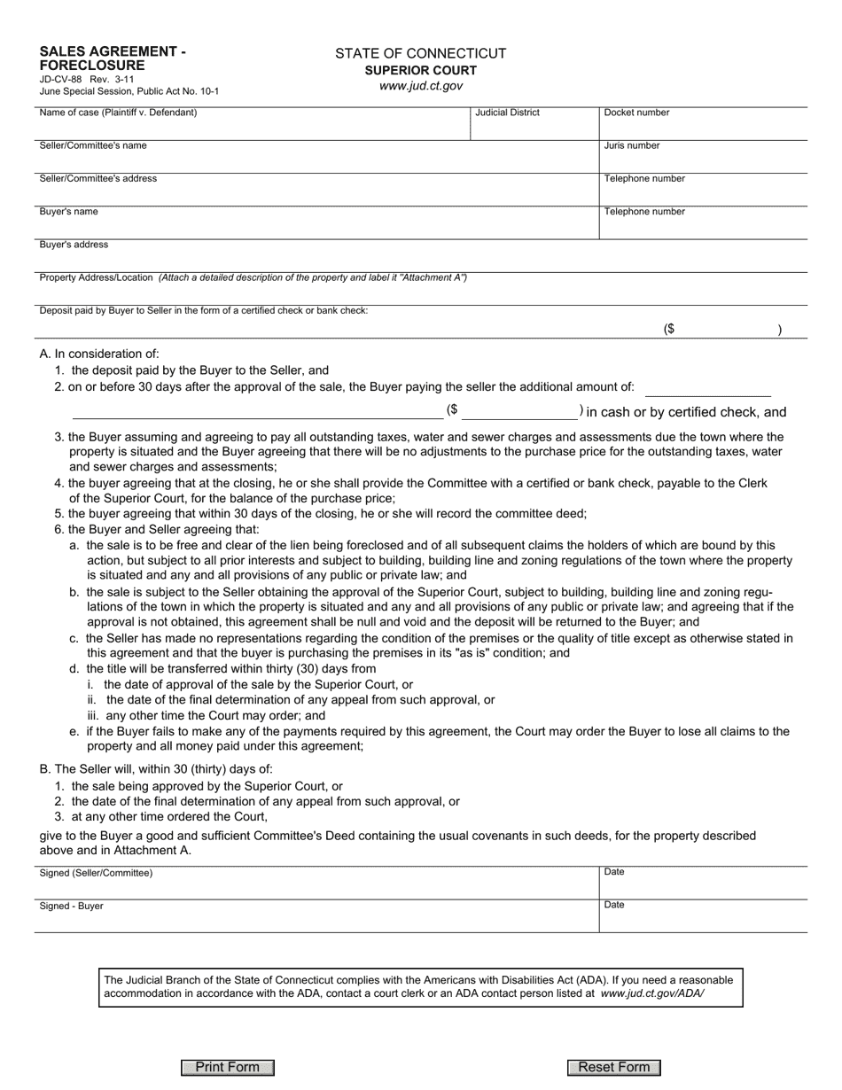 Form JD-CV-88 Sales Agreement - Foreclosure - Connecticut, Page 1
