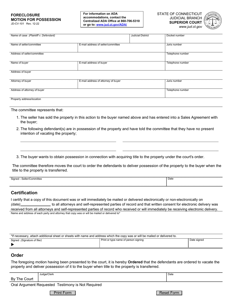 Form JD-CV-101 Foreclosure, Motion for Possession - Connecticut, Page 1