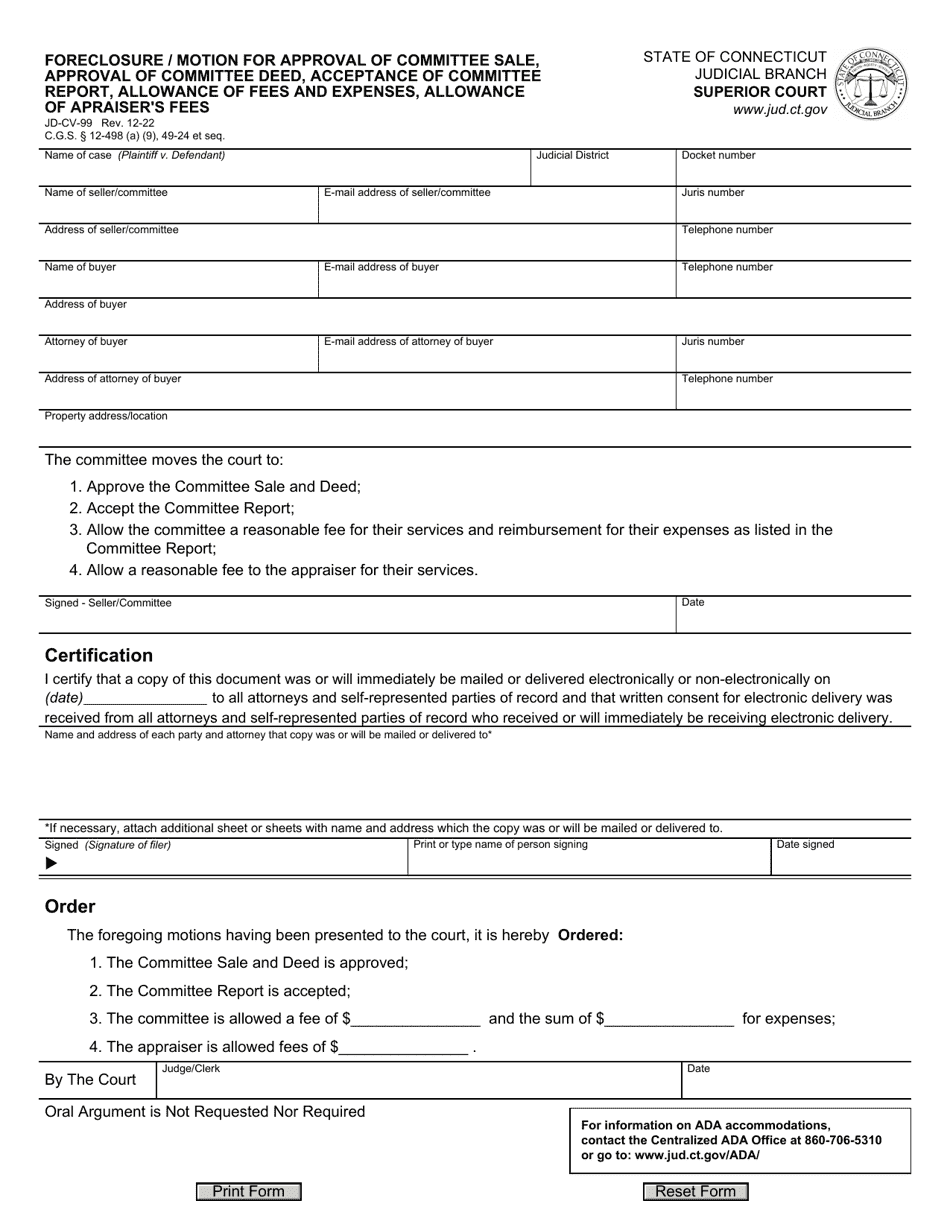 Form JD-CV-99 Foreclosure / Motion for Approval of Committee Sale, Approval of Committee Deed, Acceptance of Committee Report, Allowance of Fees and Expenses, Allowance of Apraisers Fees - Connecticut, Page 1
