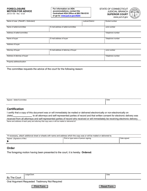 Form JD-CV-100 Foreclosure, Motion for Advice - Connecticut