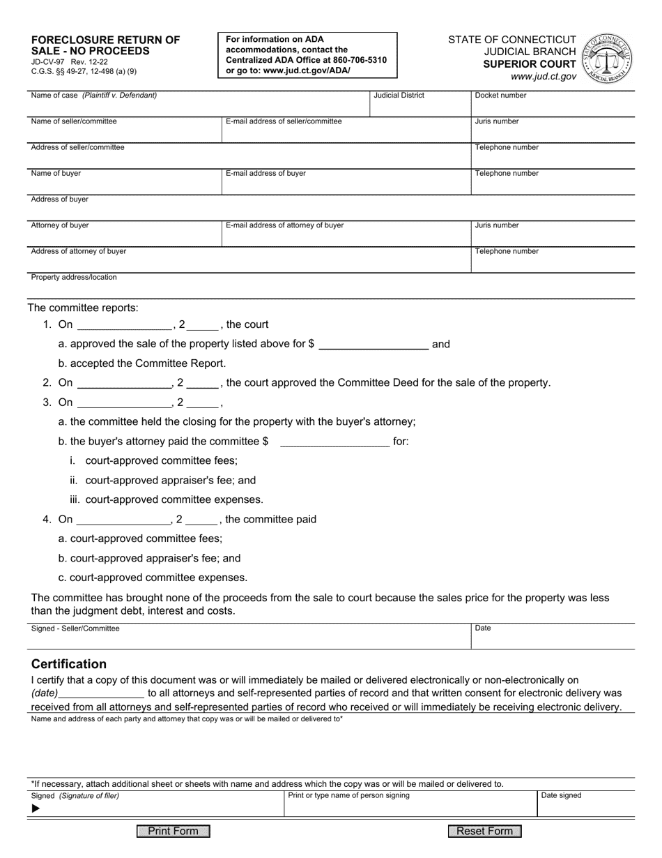 Form JD-CV-97 Foreclosure Return of Sale - No Proceeds - Connecticut, Page 1