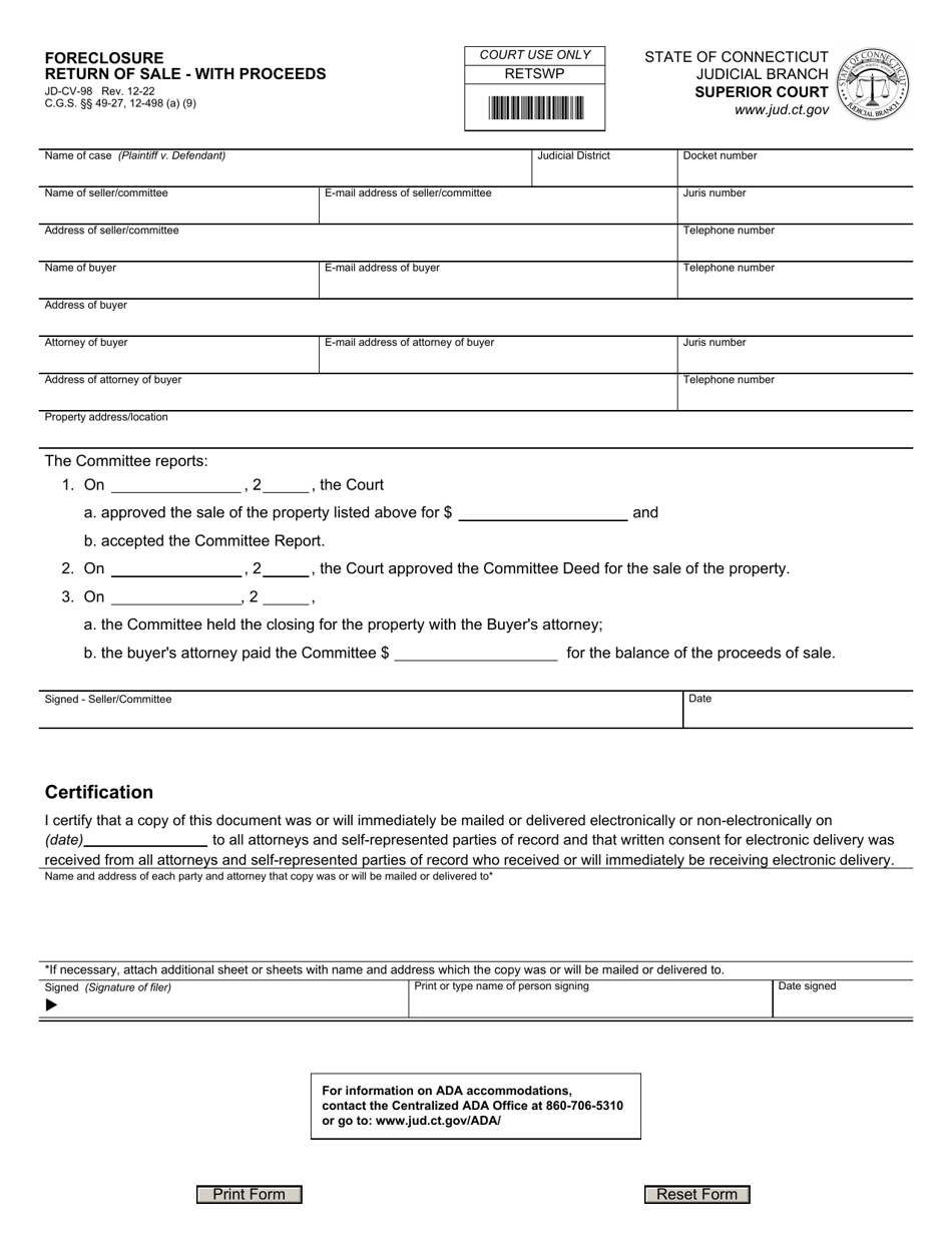 Form JD-CV-98 Foreclosure Return of Sale - With Proceeds - Connecticut, Page 1