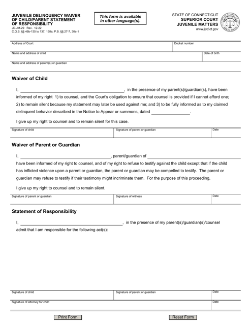 Form JD-JM-29 Juvenile Delinquency Waiver of Child/Parent Statement of Responsibility - Connecticut