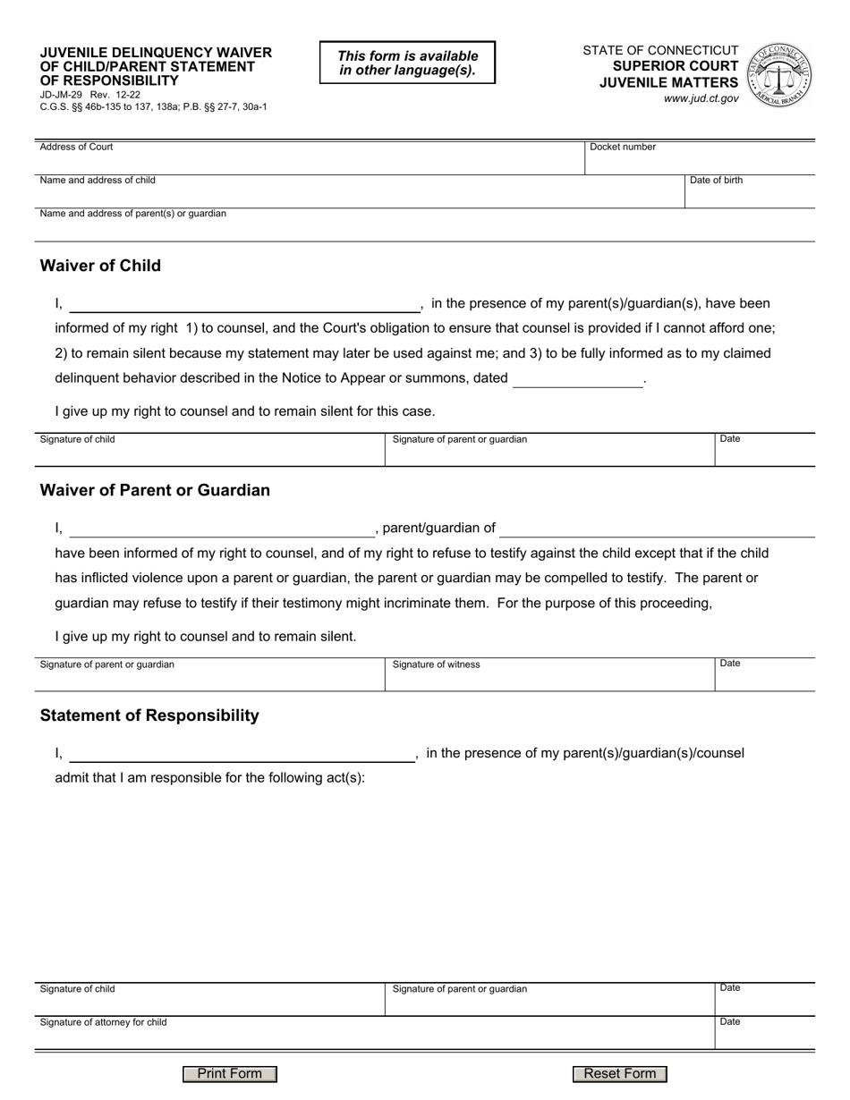 Form JD-JM-29 Download Fillable PDF or Fill Online Juvenile Delinquency ...