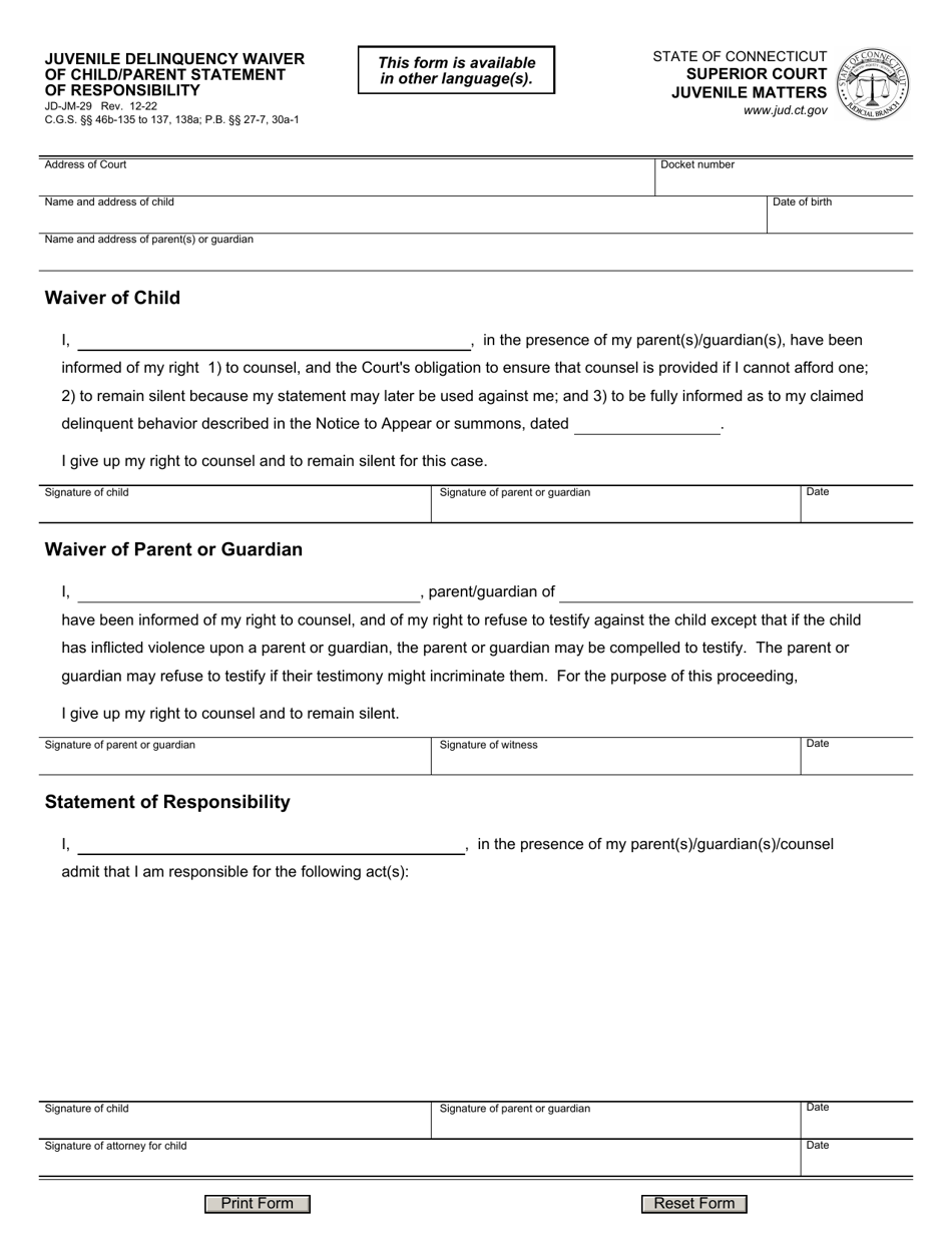 Form JD-JM-29 Juvenile Delinquency Waiver of Child / Parent Statement of Responsibility - Connecticut, Page 1