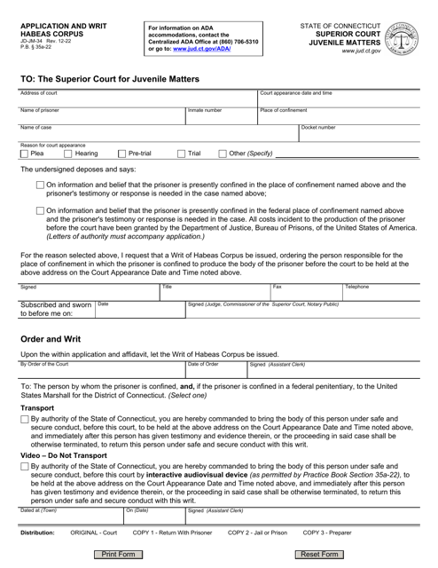 Form JD-JM-34 Application and Writ Habeas Corpus - Connecticut