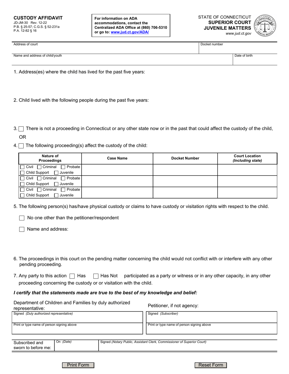 Form JD-JM-30 Custody Affidavit - Connecticut, Page 1