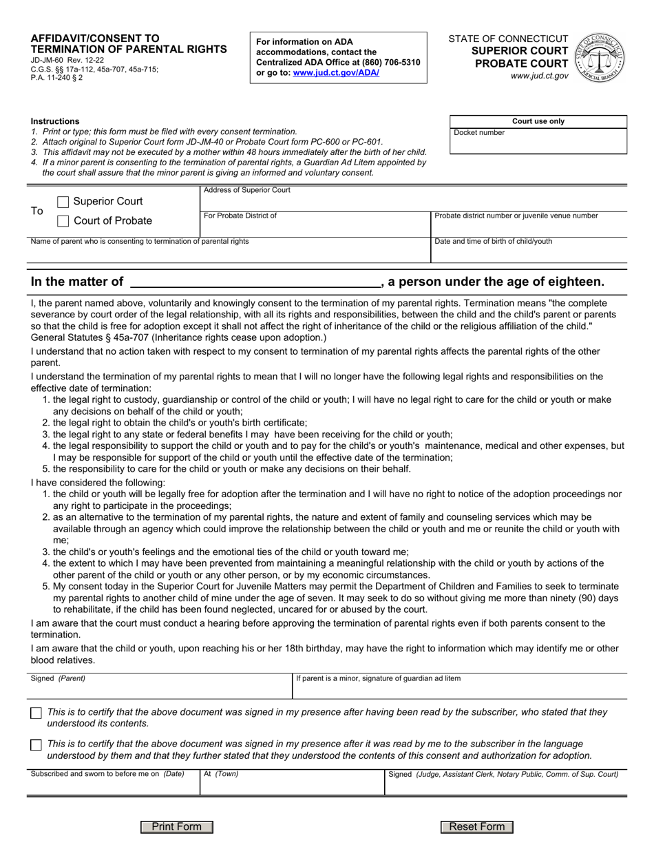Form JD-JM-60 Affidavit / Consent to Termination of Parental Rights - Connecticut, Page 1