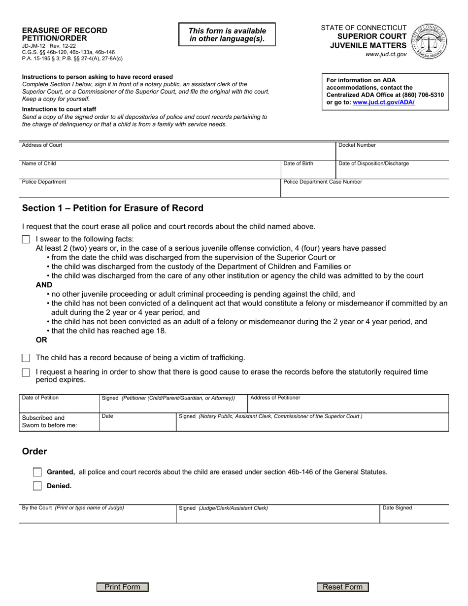 Form JD-JM-12 Erasure of Record Petition / Order - Connecticut, Page 1