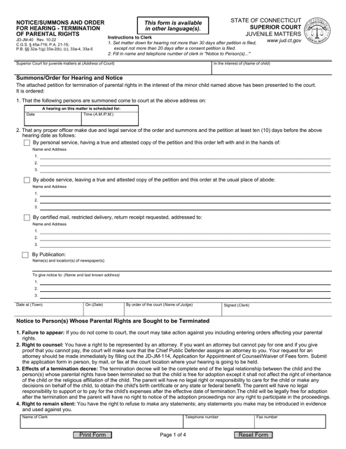 Form JD-JM-40 Notice/Summons and Order for Hearing - Termination of Parental Rights - Connecticut