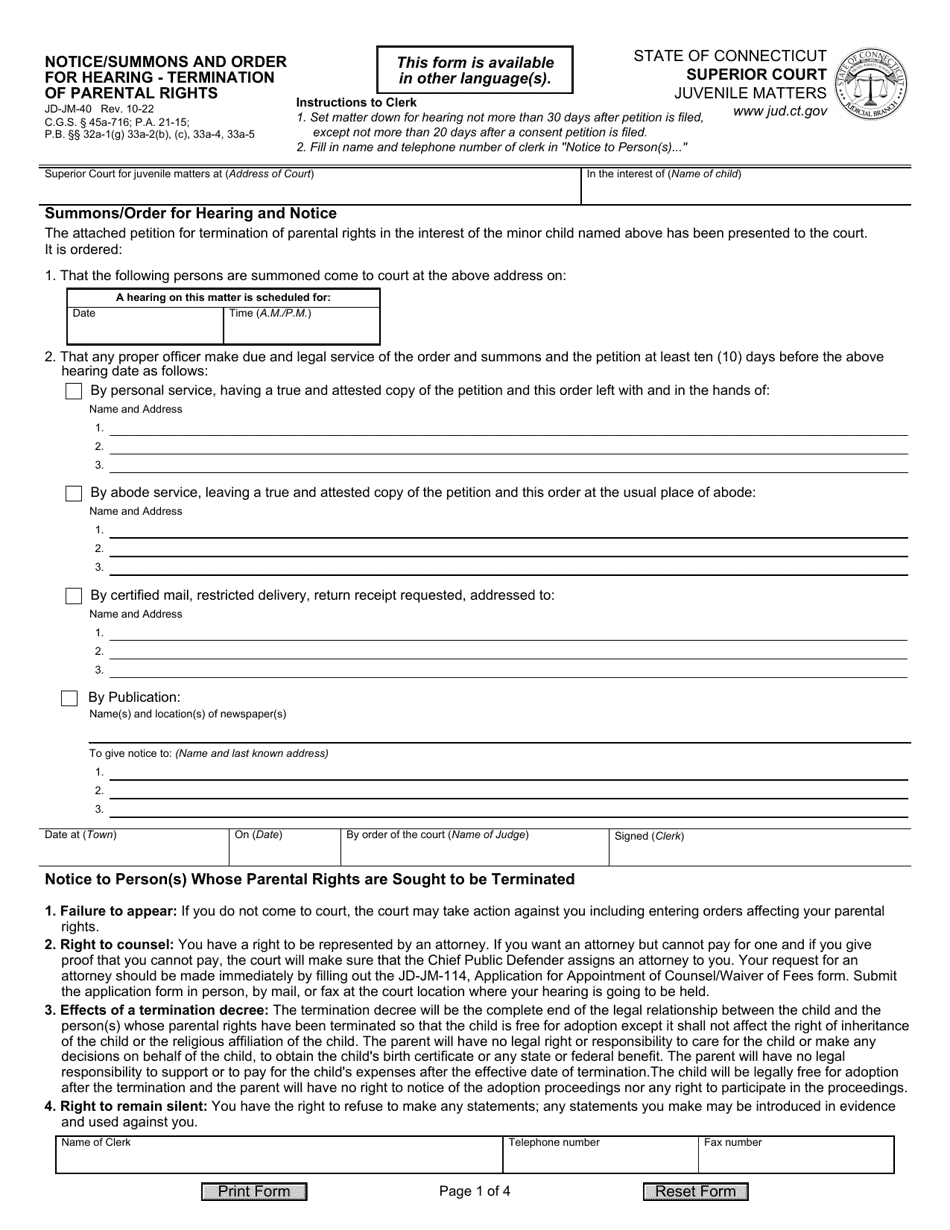 Form JD-JM-40 Notice / Summons and Order for Hearing - Termination of Parental Rights - Connecticut, Page 1