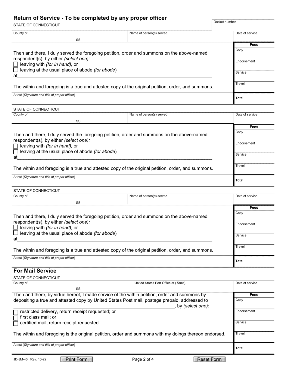 Form JD-JM-40 Notice / Summons and Order for Hearing - Termination of Parental Rights - Connecticut, Page 2