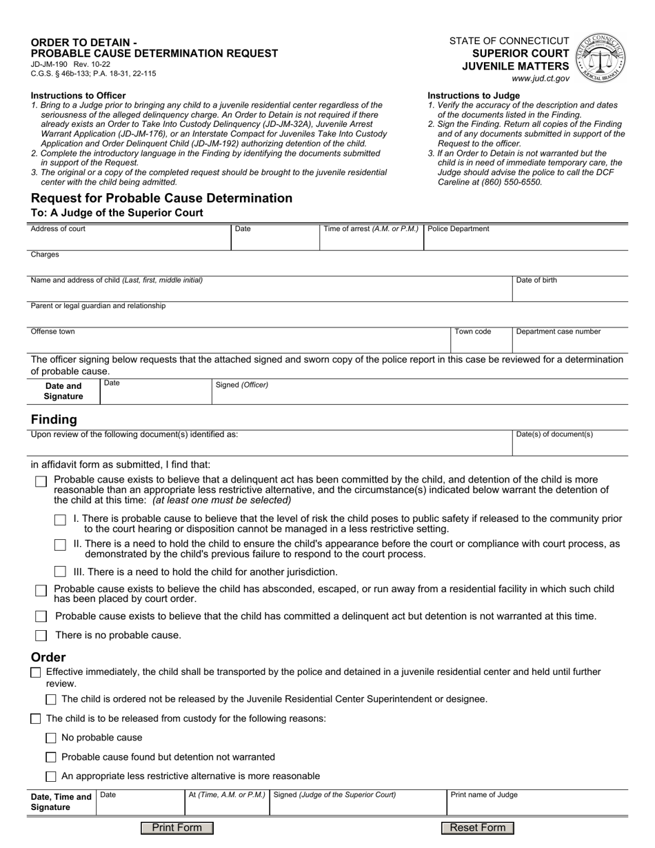 Form JD-JM-190 Order to Detain - Probable Cause Determination Request - Connecticut, Page 1