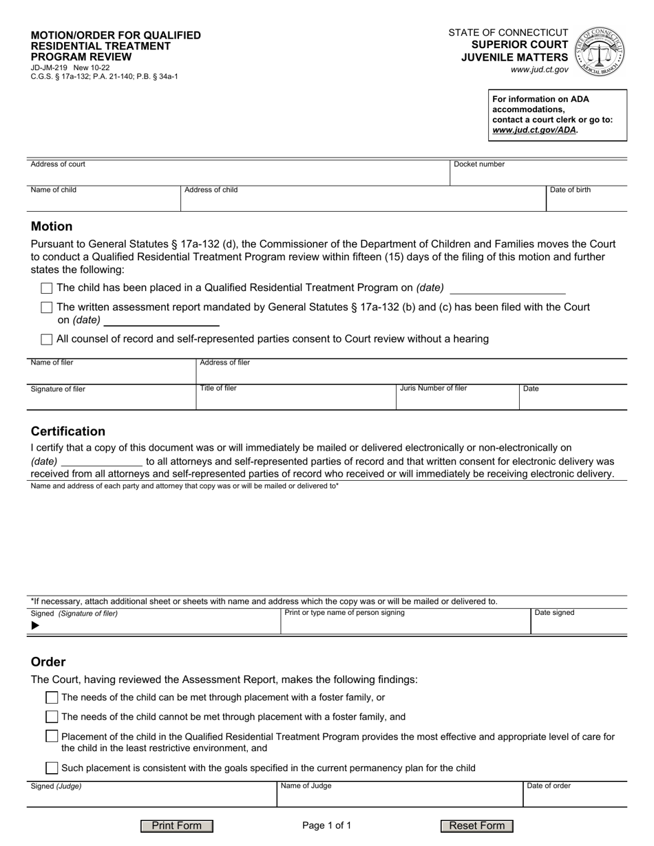 Form JD-JM-219 Motion / Order for Qualified Residential Treatment Program Review - Connecticut, Page 1