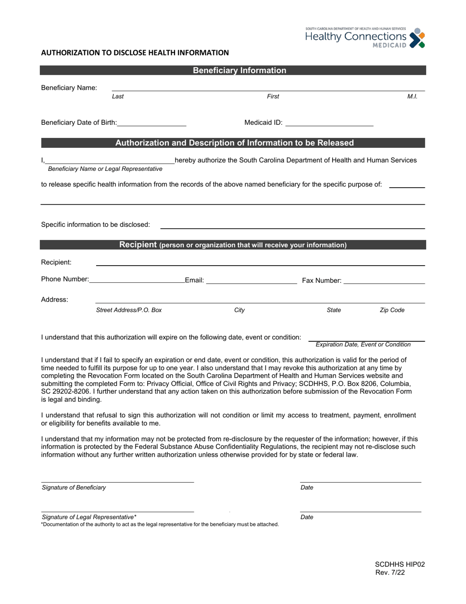 Form SCDHHS HIP02 Authorization to Disclose Health Information - South Carolina, Page 1