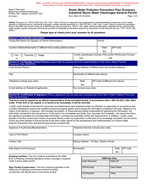 Form 3400-167 Storm Water Pollution Prevention Plan Summary Industrial Storm Water Discharges General Permit - Wisconsin