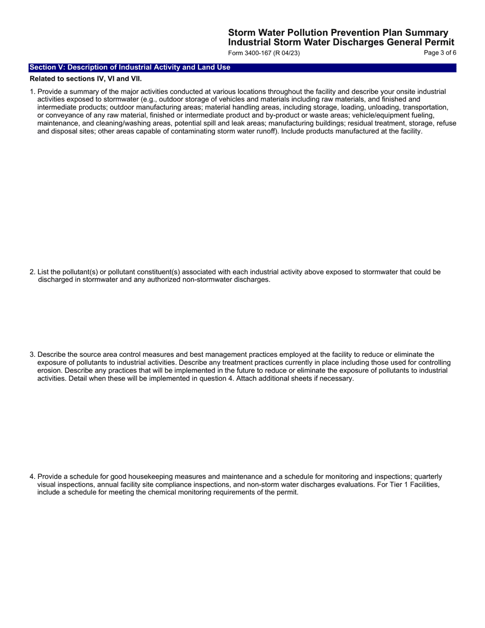 Form 3400-167 Storm Water Pollution Prevention Plan Summary Industrial Storm Water Discharges General Permit - Wisconsin, Page 3