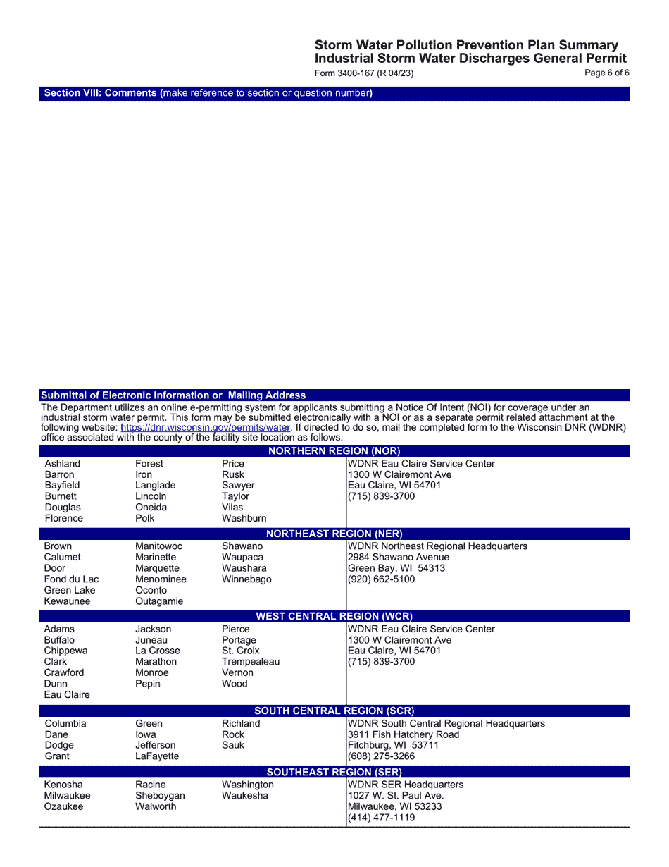 Form 3400-167 Storm Water Pollution Prevention Plan Summary Industrial Storm Water Discharges General Permit - Wisconsin, Page 6