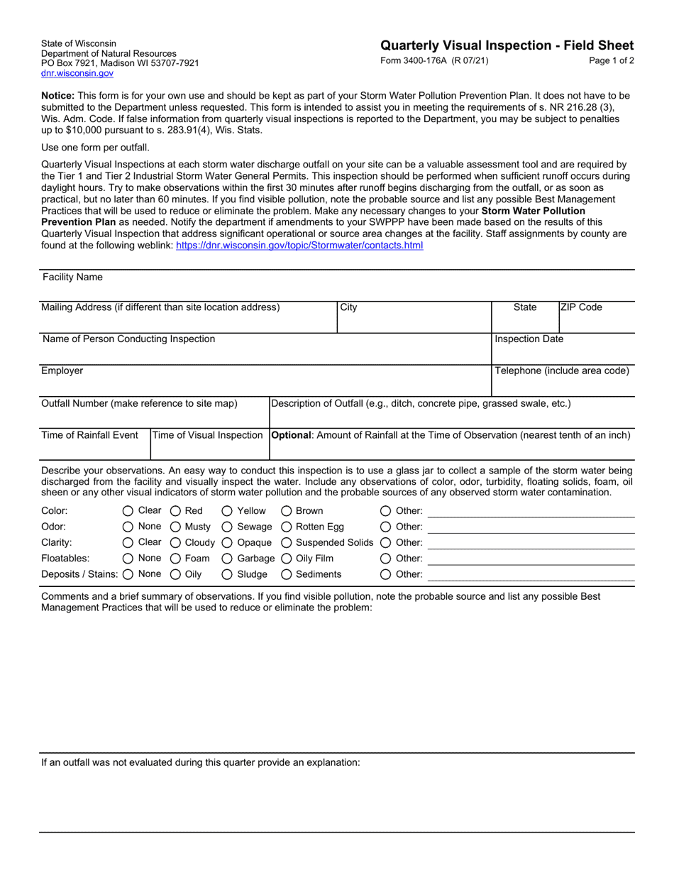 Form 3400-176A Quarterly Visual Inspection - Field Sheet - Wisconsin, Page 1