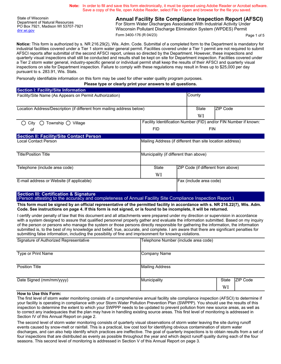 Form 3400-176 Annual Facility Site Compliance Inspection Report (Afsci) - Wisconsin, Page 1