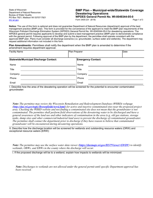 Form 3400-231 Bmp Plan - Municipal-Wide/Statewide Coverage - Dewatering Operations - Wisconsin