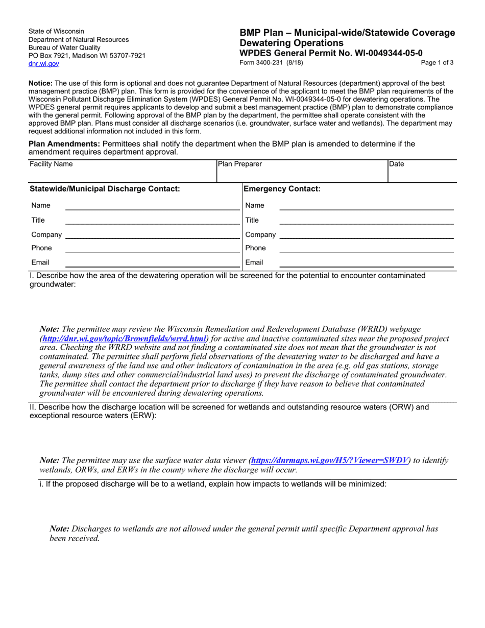 Form 3400-231 Bmp Plan - Municipal-Wide / Statewide Coverage - Dewatering Operations - Wisconsin, Page 1