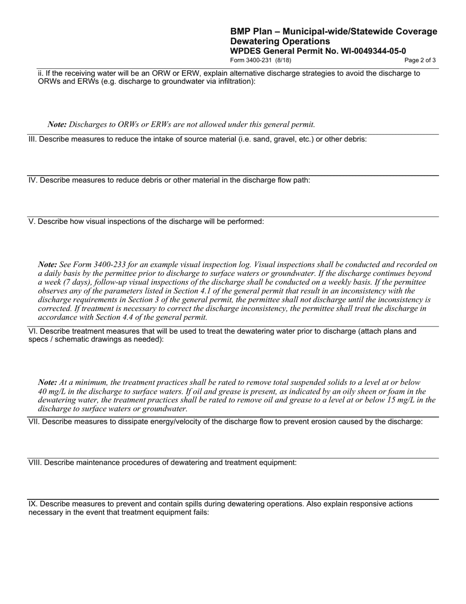 Form 3400-231 Bmp Plan - Municipal-Wide / Statewide Coverage - Dewatering Operations - Wisconsin, Page 2