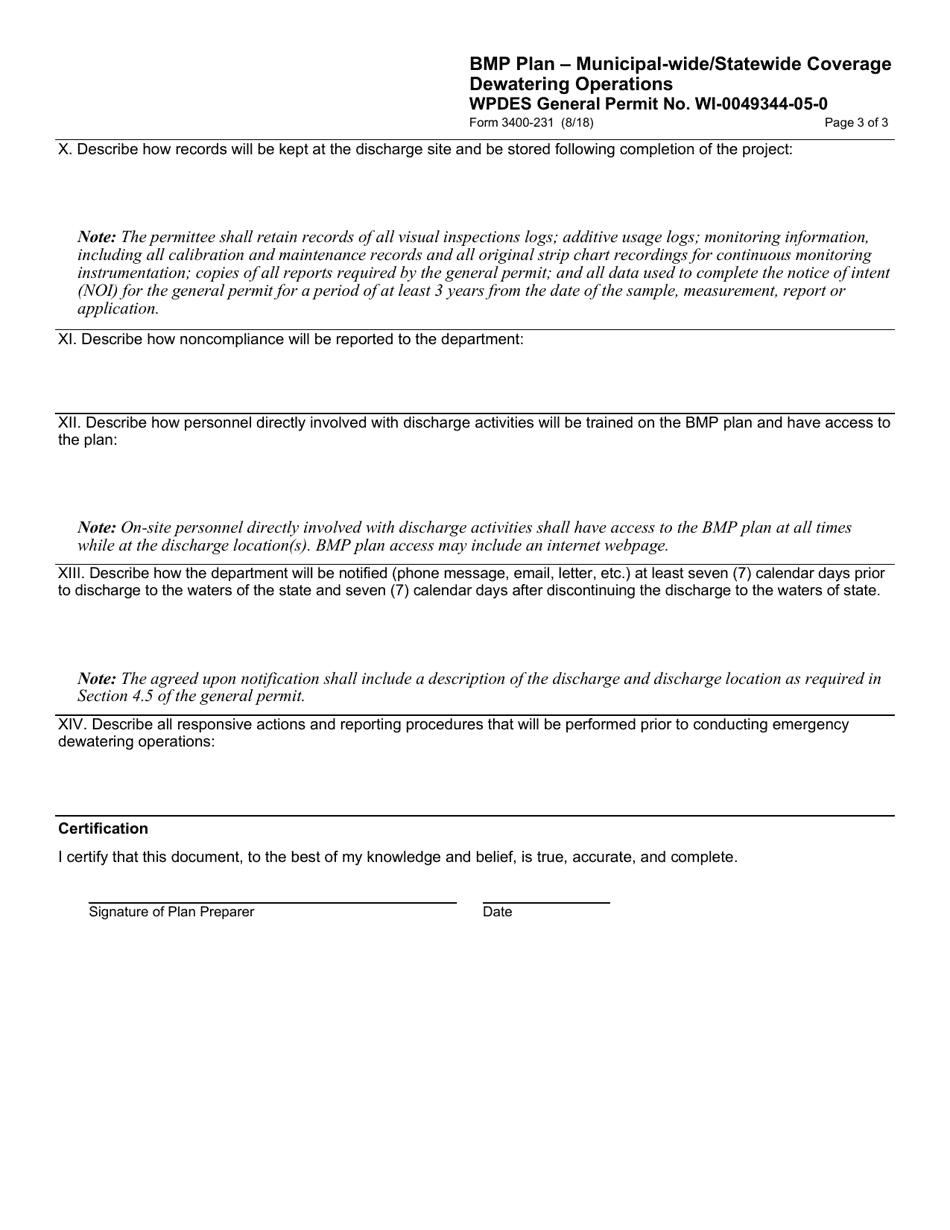 Form 3400-231 Bmp Plan - Municipal-Wide / Statewide Coverage - Dewatering Operations - Wisconsin, Page 3