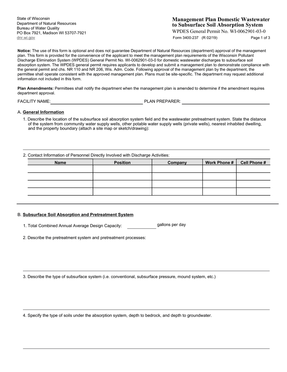 Form 3400-237 Management Plan - Domestic Wastewater to Subsurface Soil Absorption System - Wisconsin, Page 1