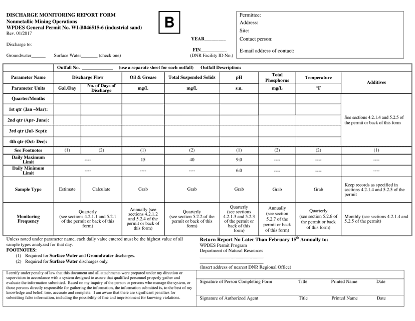 Discharge Monitoring Report Form - Nonmetallic Mining Operations (Industrial Sand) - Wisconsin