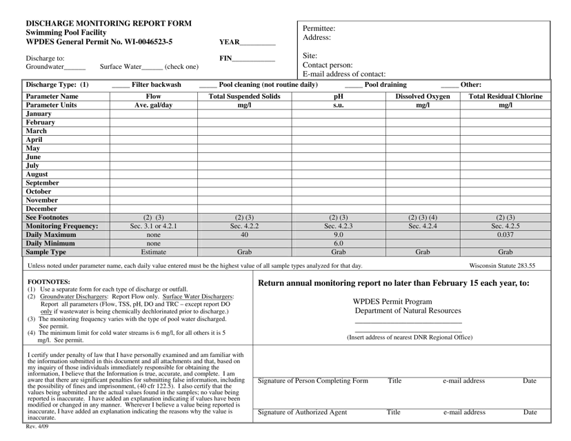 Discharge Monitoring Report Form - Swimming Pool Facility - Wisconsin Download Pdf
