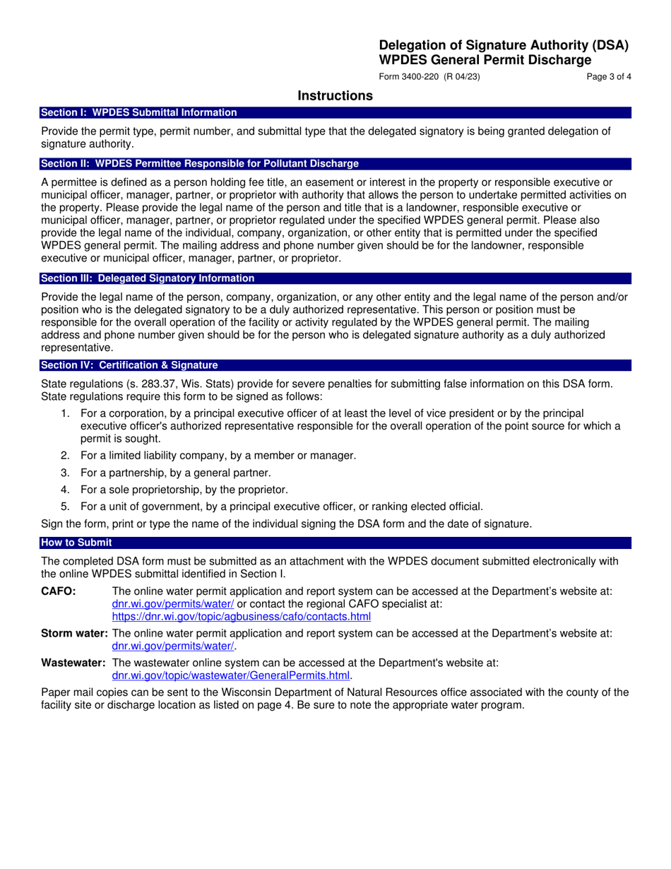 Form 3400-220 Delegation of Signature Authority (Dsa) Wpdes General Permit Discharge - Wisconsin, Page 3