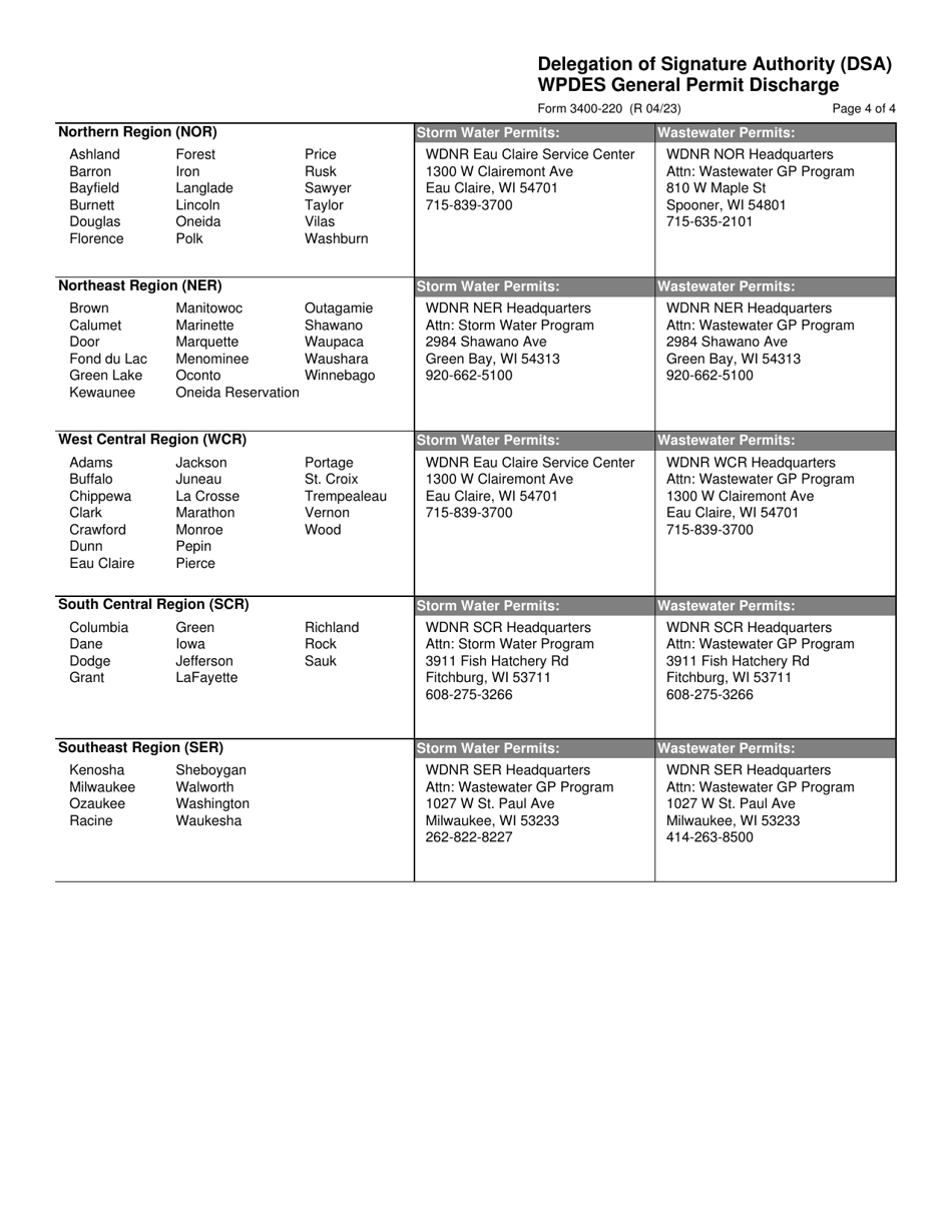 Form 3400-220 Delegation of Signature Authority (Dsa) Wpdes General Permit Discharge - Wisconsin, Page 4