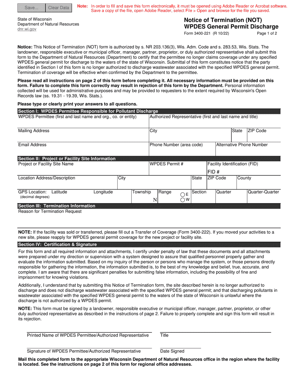 Form 3400-221 Notice of Termination (Not) Wpdes General Permit Discharge - Wisconsin, Page 1