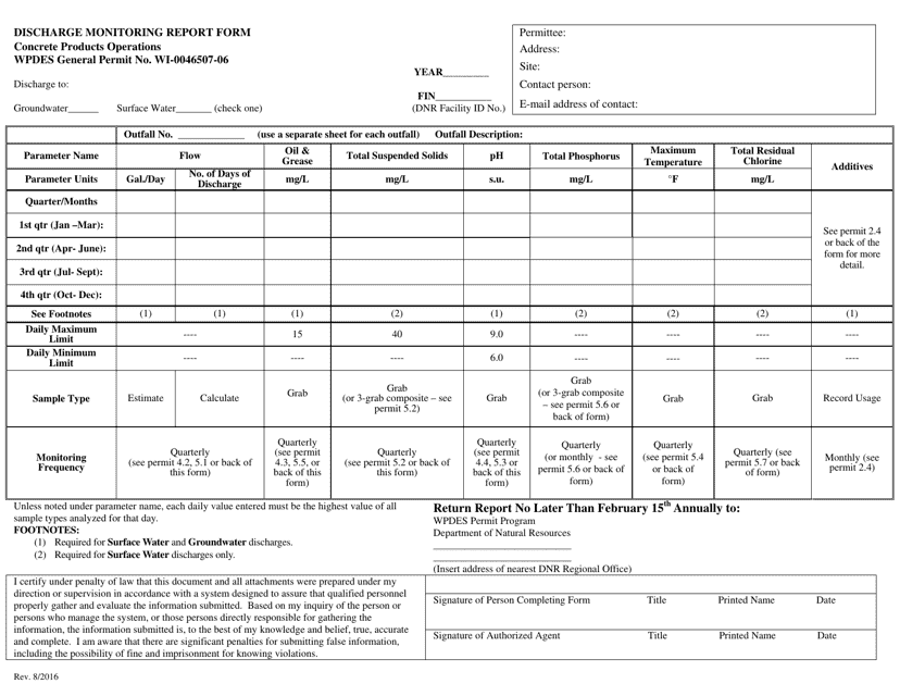 Discharge Monitoring Report Form - Concrete Products Operations - Wisconsin Download Pdf