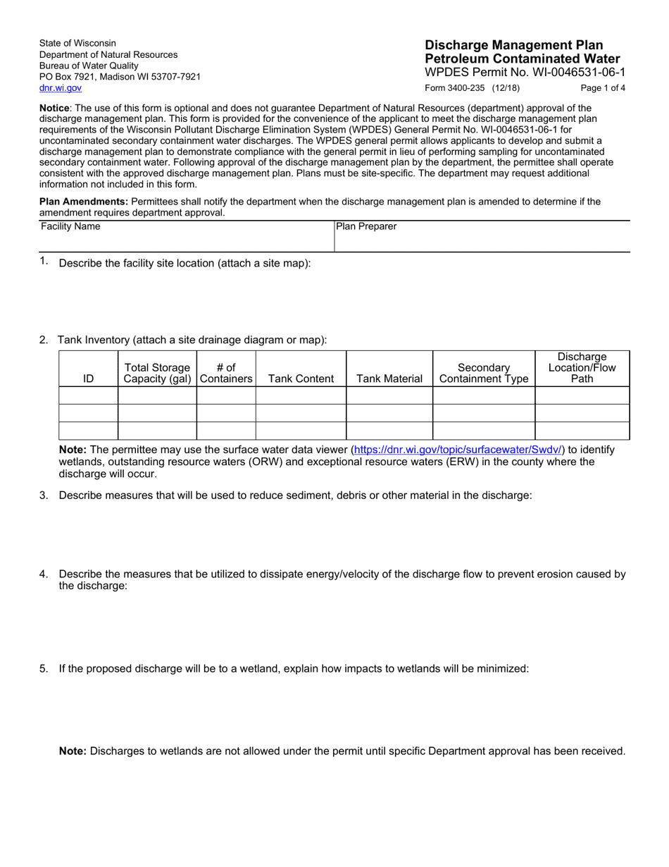 Form 3400-235 Discharge Management Plan - Petroleum Contaminated Water - Wisconsin, Page 1