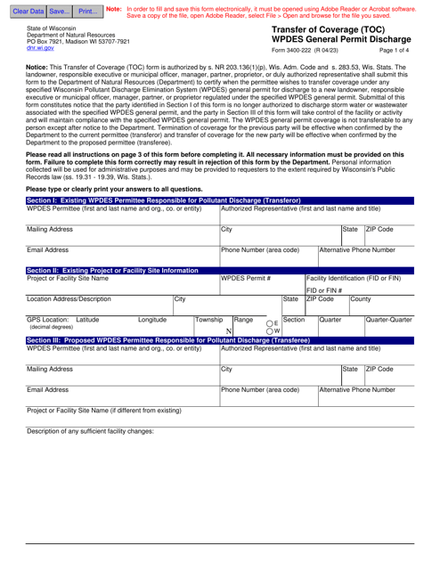 Form 3400-222 Transfer of Coverage (Toc) Wpdes General Permit Discharge - Wisconsin