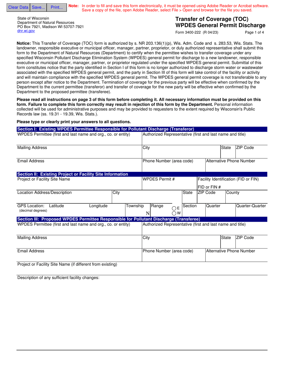 Form 3400-222 Transfer of Coverage (Toc) Wpdes General Permit Discharge - Wisconsin, Page 1