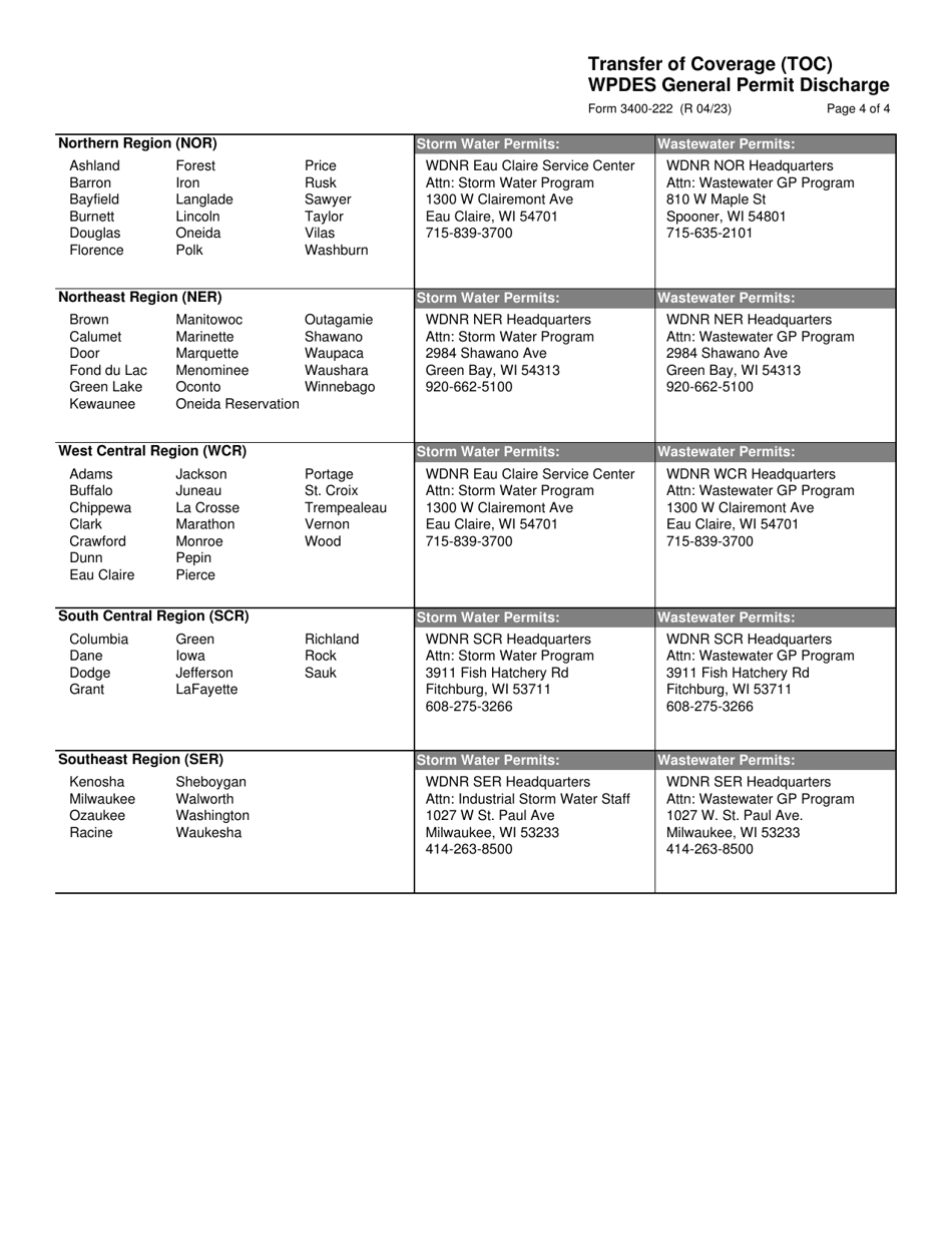 Form 3400-222 Transfer of Coverage (Toc) Wpdes General Permit Discharge - Wisconsin, Page 4