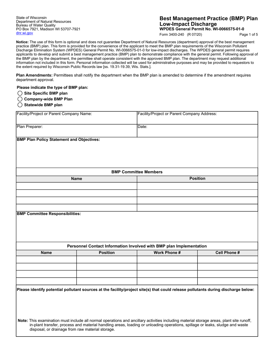 Form 3400-240 Best Management Practice (Bmp) Plan Low-Impact Discharge - Wisconsin, Page 1