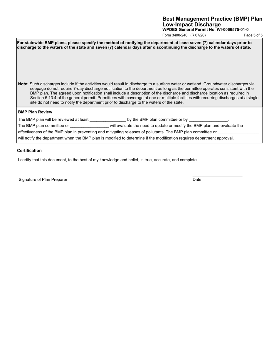 Form 3400-240 Best Management Practice (Bmp) Plan Low-Impact Discharge - Wisconsin, Page 5