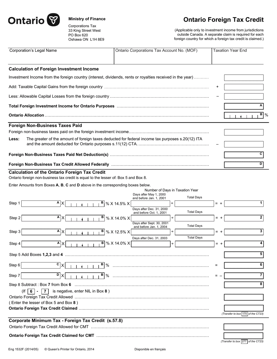 Form 1532E Ontario Foreign Tax Credit - Ontario, Canada, Page 1