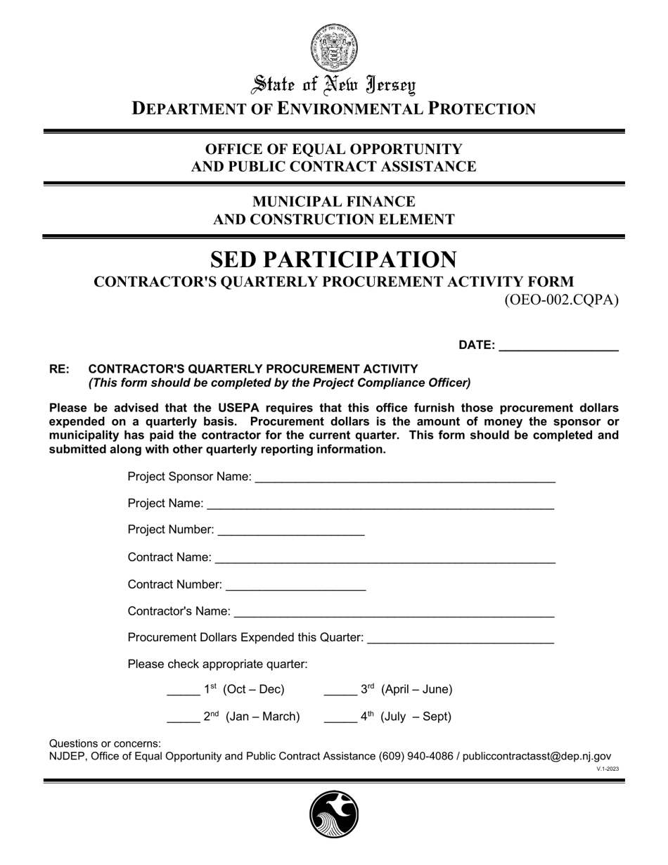 Form OEO-002.CQPA Sed Participation Contractors Quarterly Procurement Activity Form - New Jersey, Page 1