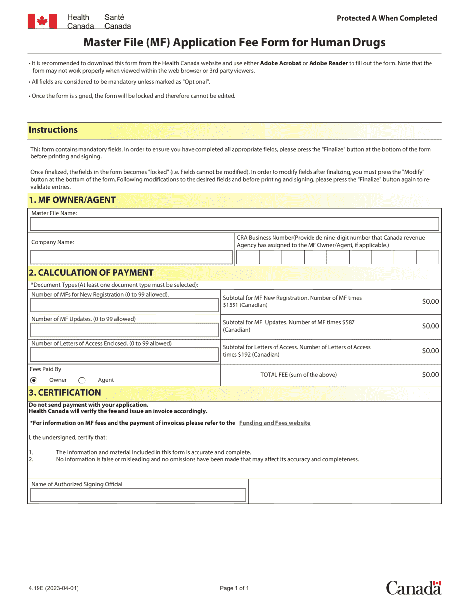 Form 4.19E Master File (Mf) Application Fee Form for Human Drugs - Canada, Page 1