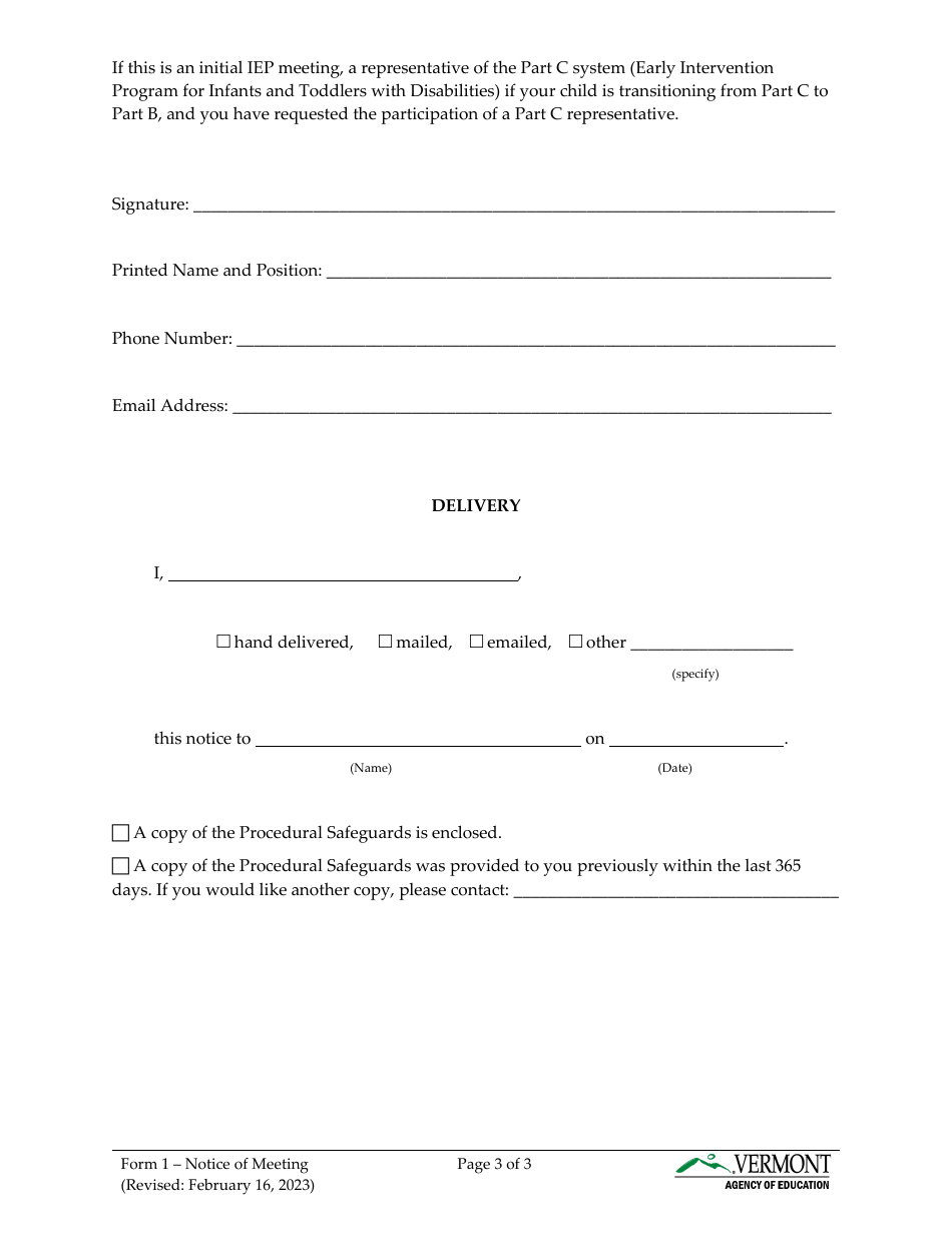 Form 1 Notice of Meeting - Vermont, Page 3