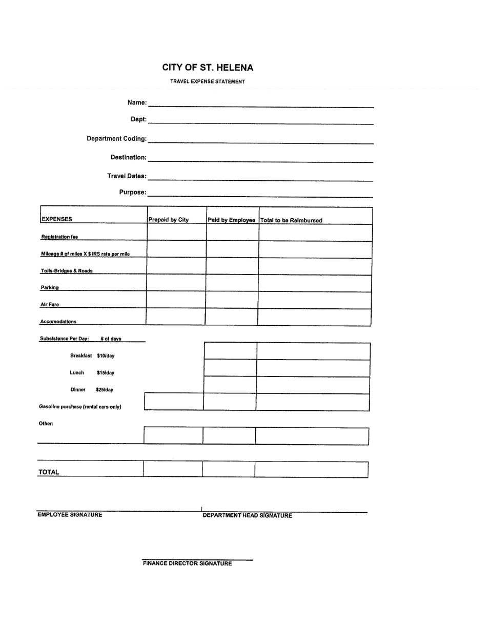 Travel Expense Statement - City of St. Helena, California, Page 1
