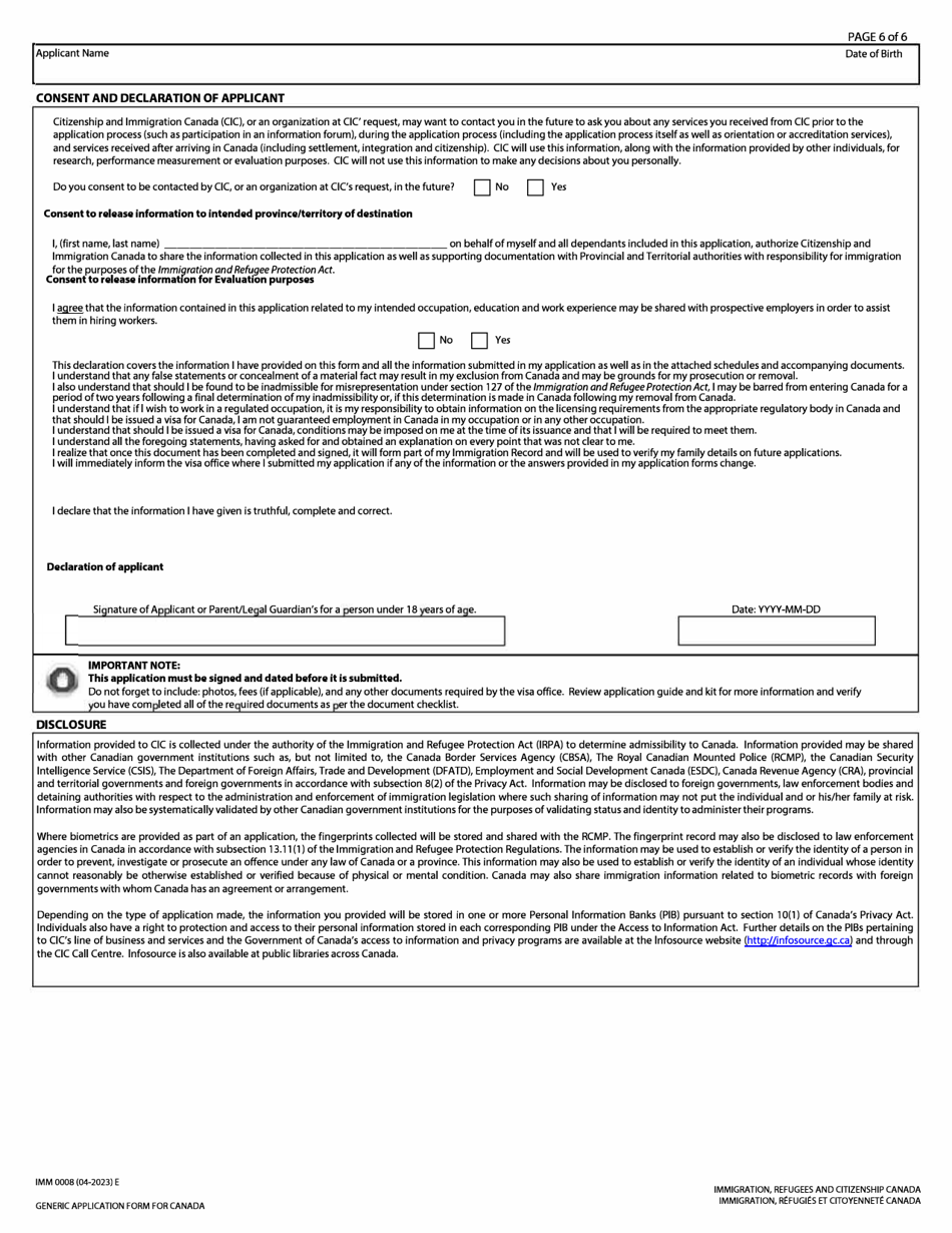 Form Imm0008 Download Fillable Pdf Or Fill Online Generic Application Form For Canada Canada 9082