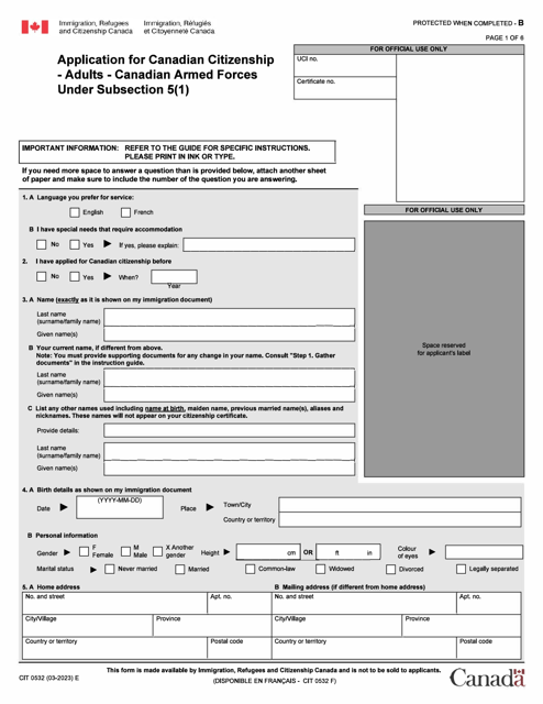 Form CIT0532 Application for Canadian Citizenship - Adults - Canadian Armed Forces Under Subsection 5(1) - Canada